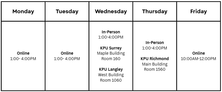 Central Advising January 2026 drop in schedule